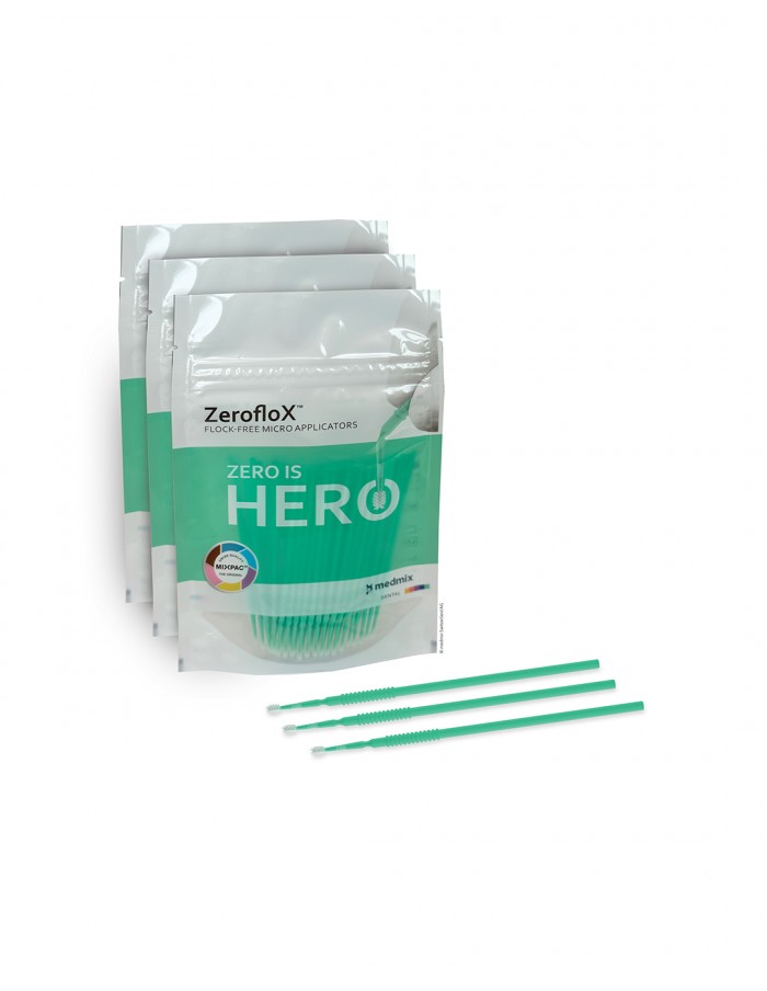 Embalagem do micro Aplicador Dental ZerofloX™ da Medmix Embalagem do micro Aplicador Dental ZerofloX™ da Medmix